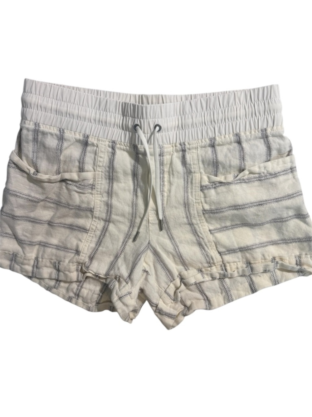 Athleta Cabo Tide Linen Shorts Size 8 Cream Striped Drawstring Beach Vacation
